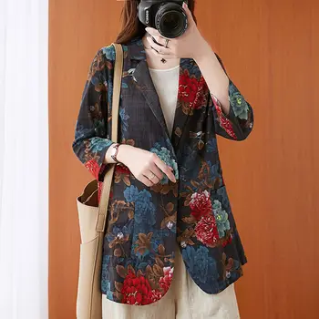 Женски костюм от памук и Лен с Принтом в ретро стил, Пролет-Лято 2021, ежедневни Къса Риза с цветен Модел и 3/4 ръкав, Яке Y1267