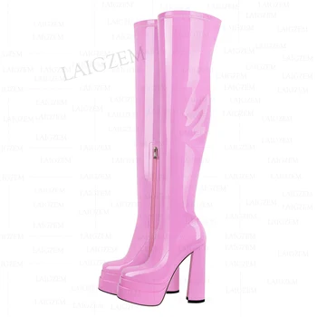 BERZIMER/ Дамски ботуши над коляното на еластична платформа с страничния цип на Блок Високи токчета, дамски Блестяща Дамски обувки-Големи Размери 38, 41, 44, 46