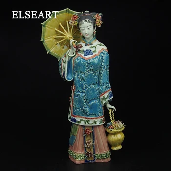 Ретро китайска дама държи чадъри и цветен количката керамика, ръчно изработени извайване на статуята на статуетка декорация на дома