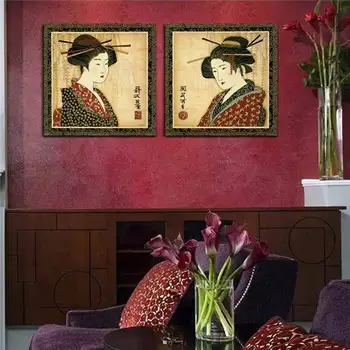 Класическа Японска Живопис Стенен Декор Щампи Снимки Портрет На Жена Японската Живопис С Маслени Бои Платно За Украса На Стаята 2 Бр