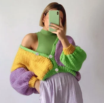 2022 пролетта и лятото на нов свободен дебела вълнена жилетка в контрастен цвят с отстрочкой, кратък вълнен пуловер, Жилетка за жени